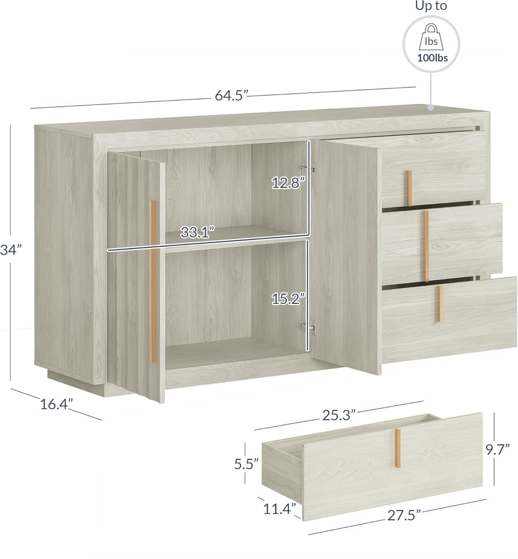 64 Inch Modern Industrial Sideboard Cabinet White Sand