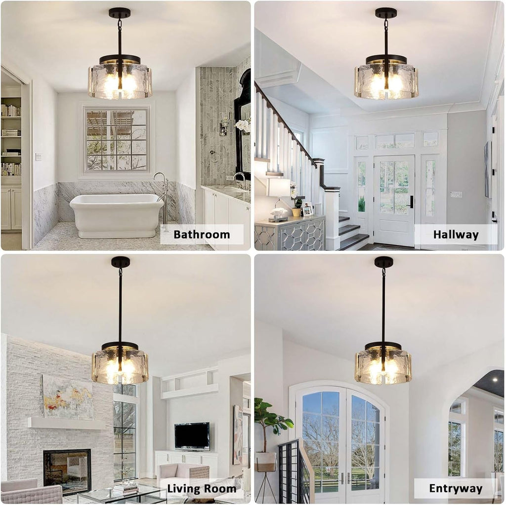 Black Adjustable Farmhouse Chandelier For Dining Room With Hammered Glass