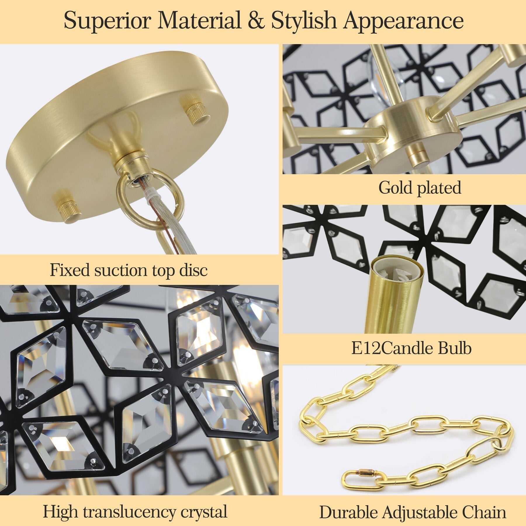 Chandelier Crystal Black Gold Round Pendant 5-Light Modern 19 In