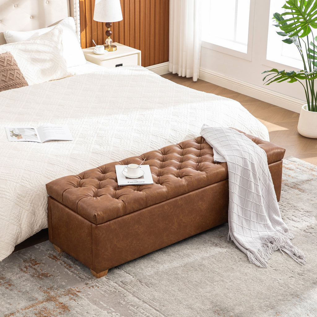 Storage Bench Tufted End of Bed Pu Upholstered Brown 60.2in Wide