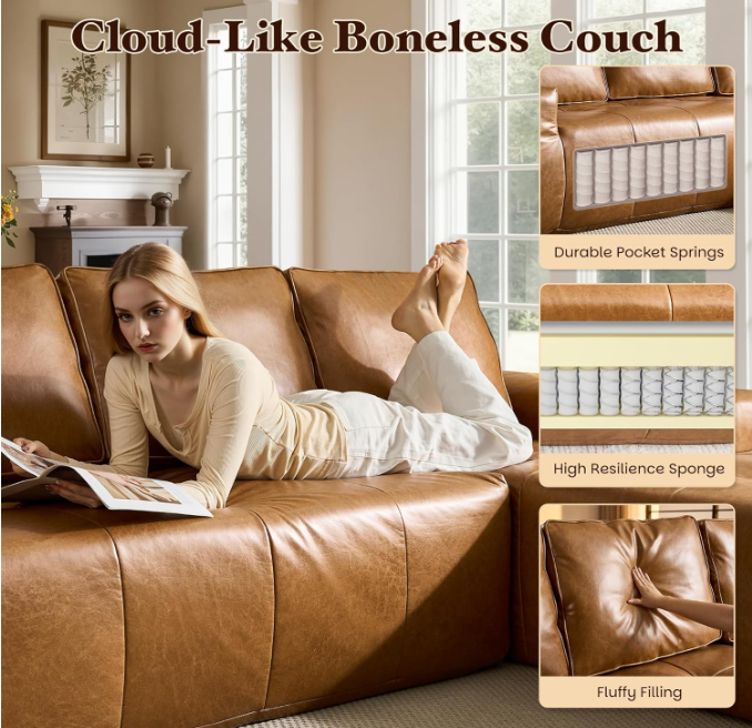Sectional Sofa L-Shaped Modular Brown Faux Leather with Chaise