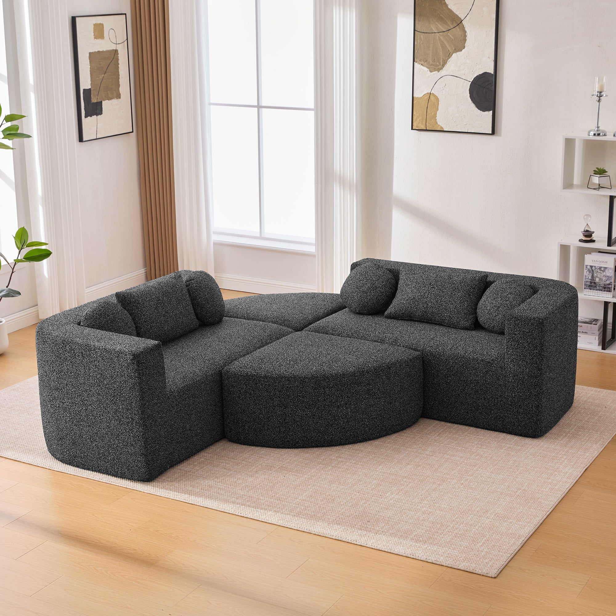 Sectional Sofa U-Shape Modular Boucle Black 6-Seat Deep Seating 114.9x64.5 In