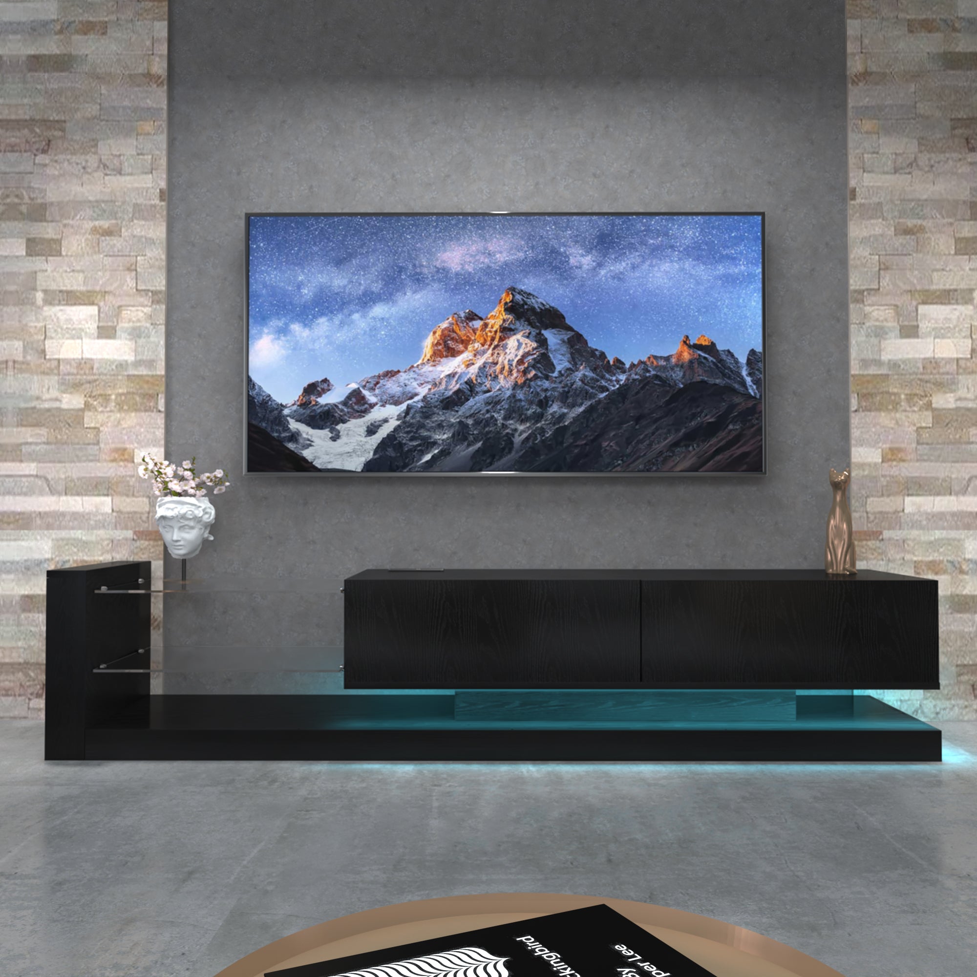 TV Stand LED Black Particle Board Tempered Glass Shelves Fits 75 In TV