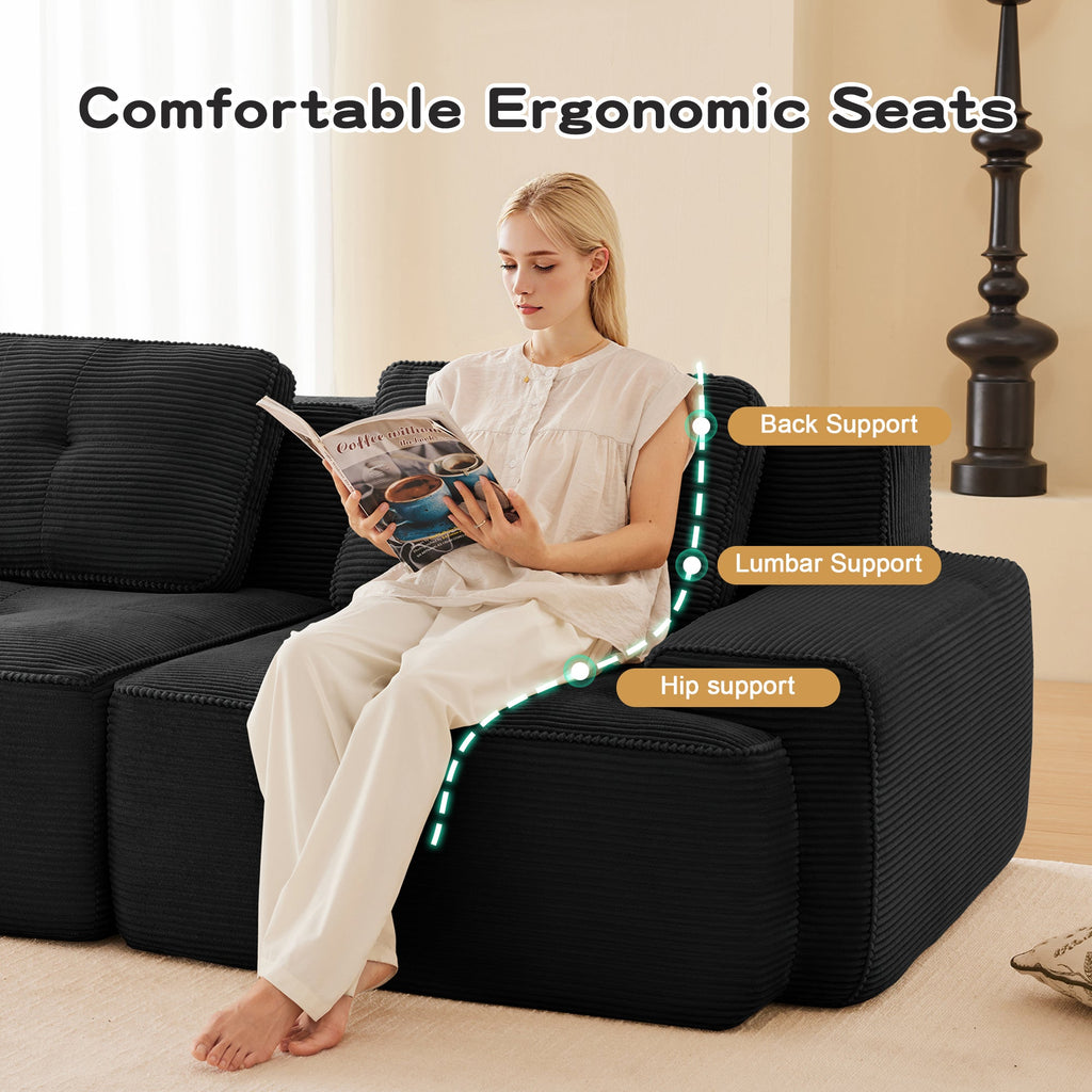 Sectional Sofa Modular Corduroy Black 3 Seater Tufted