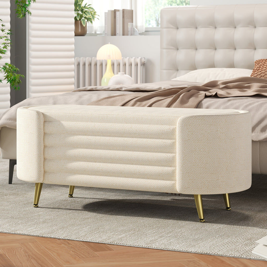 Storage Ottoman Modern Oval Beige Chenille with Metal Legs 44.9l X 18.3W X 18.5h