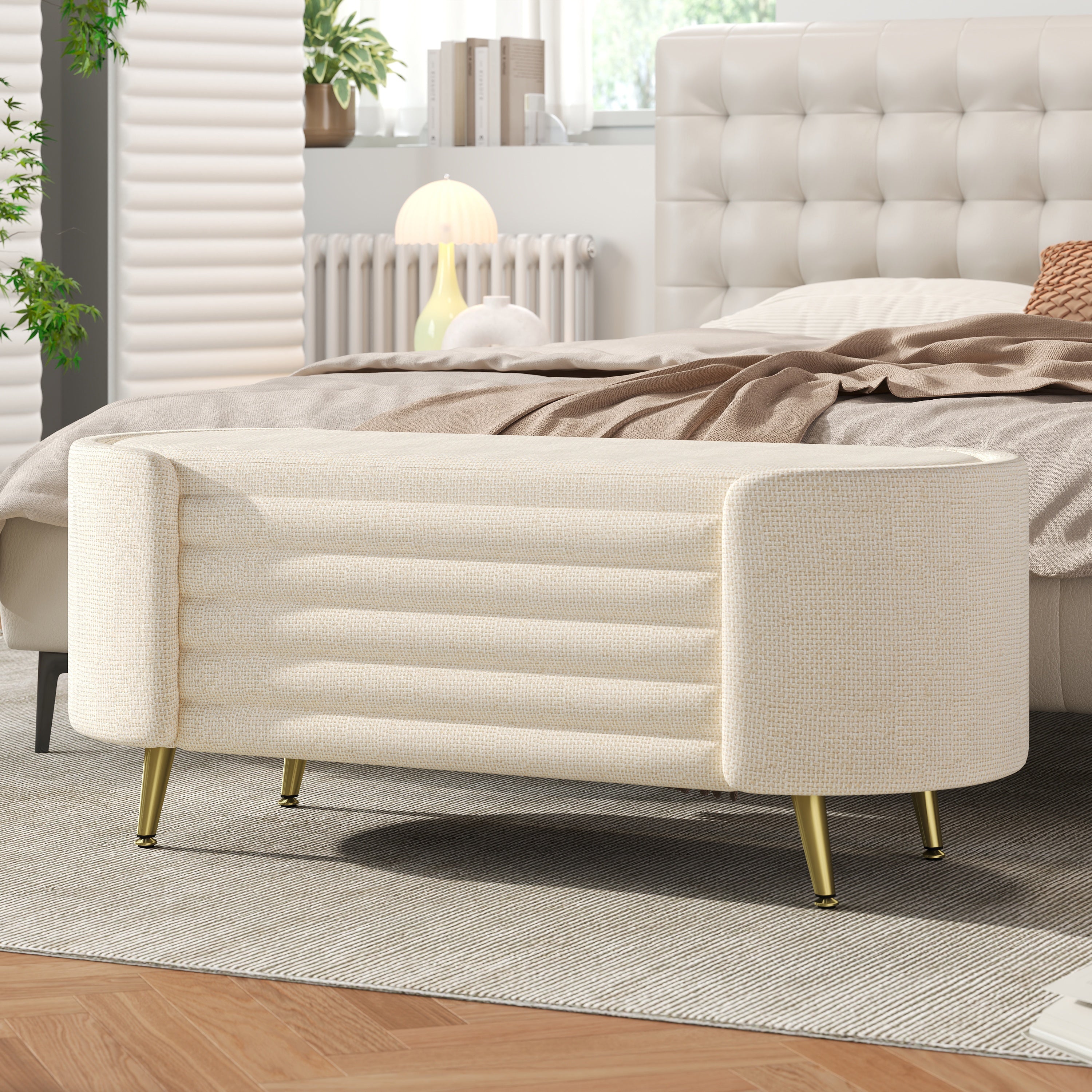 Storage Ottoman Modern Oval Beige Chenille with Metal Legs 44.9l X 18.3W X 18.5h