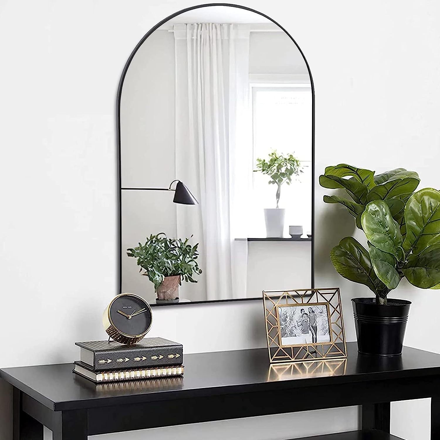 Bathroom Wall Mirror Arched Black Metal Frame 24x36 Inch Entryway