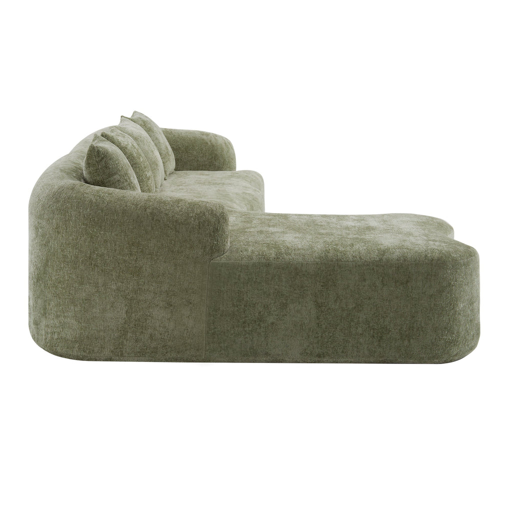 Sectional Sofa l Shape Chenille Green Curved Chaise with Foam and Spring Support