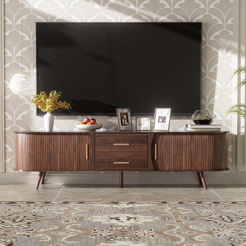 TV Stand Mid-Century Dark Brown Solid Wood Sliding Door Fits 80 In TV 70.8 In