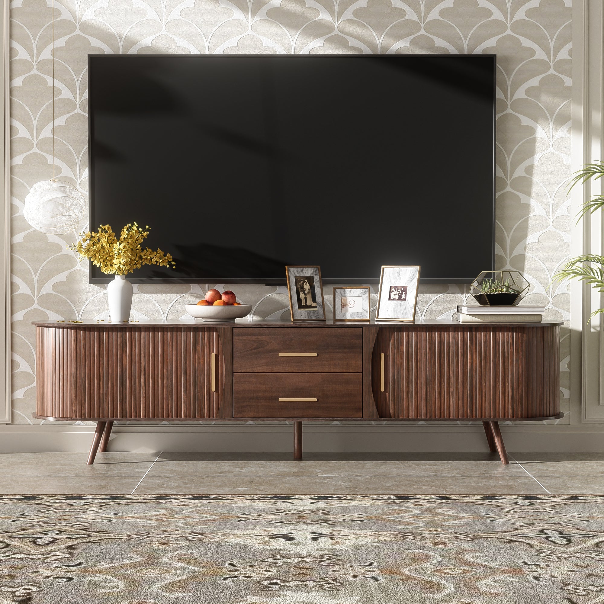 TV Stand Mid-Century Dark Brown Solid Wood Sliding Door Fits 80 In TV 70.8 In