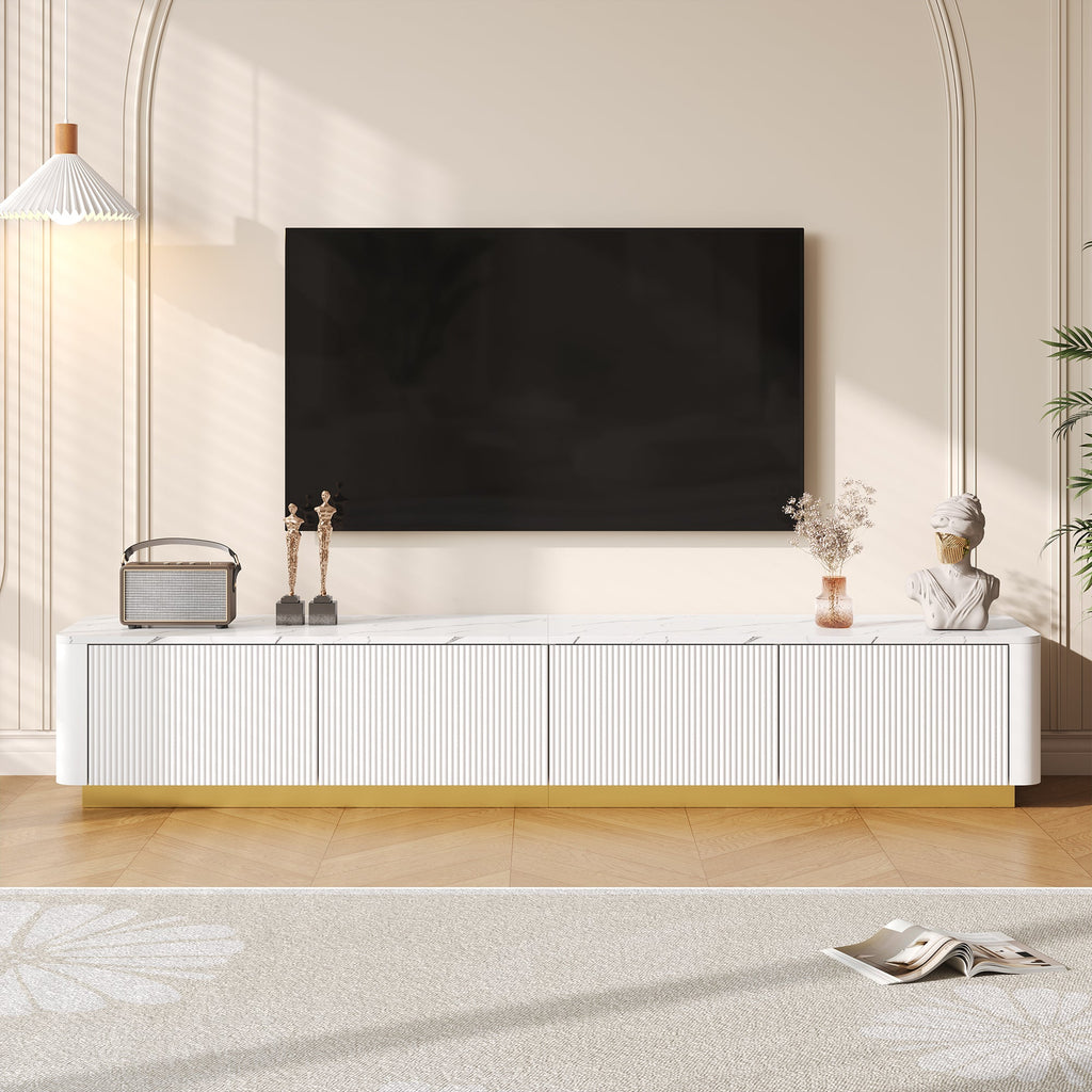 TV Stand Luxury Fluted White MDF Faux Marble Top 4-Drawer Fits 85 In TV