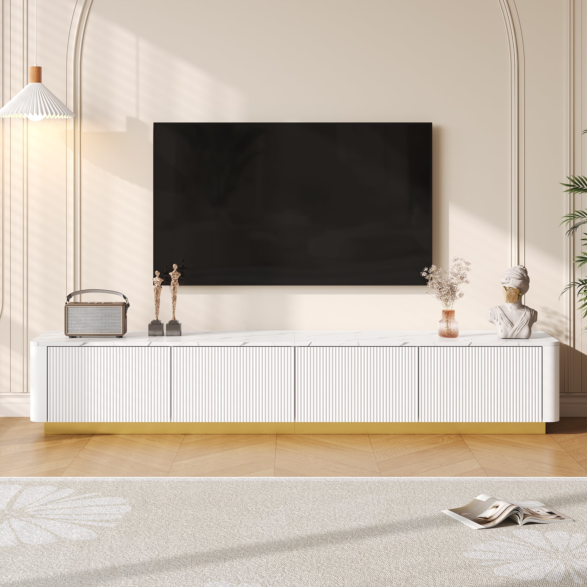 TV Stand Luxury Fluted White MDF Faux Marble Top 4-Drawer Fits 85 In TV