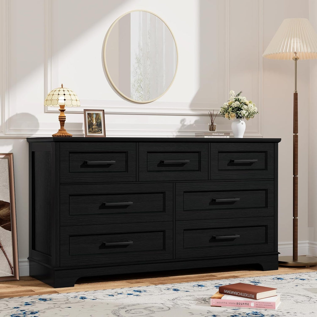 Seven Drawer Dresser For Bedroom Black Finish Storage
