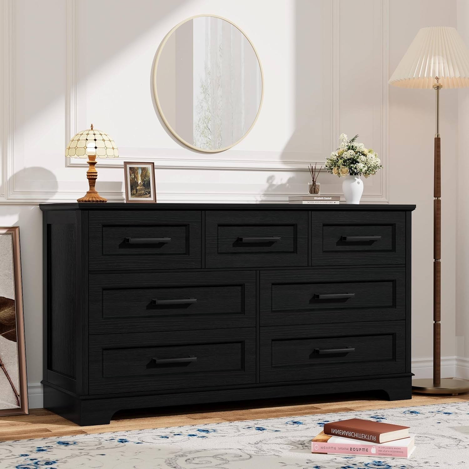 Seven Drawer Dresser For Bedroom Black Finish Storage
