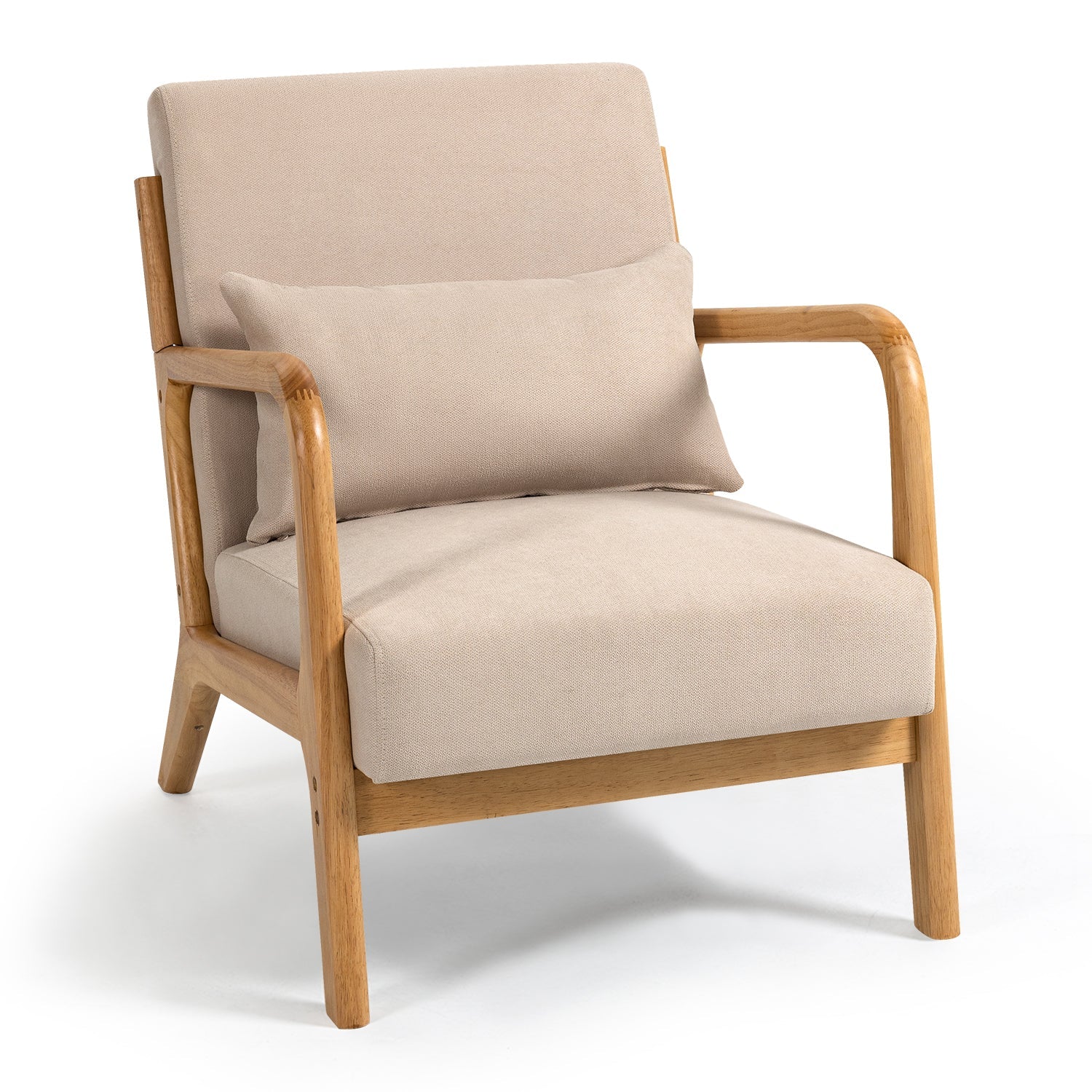 Accent Chair Mid Century Modern Beige Linen with Wood Armrest and Feet One Seat
