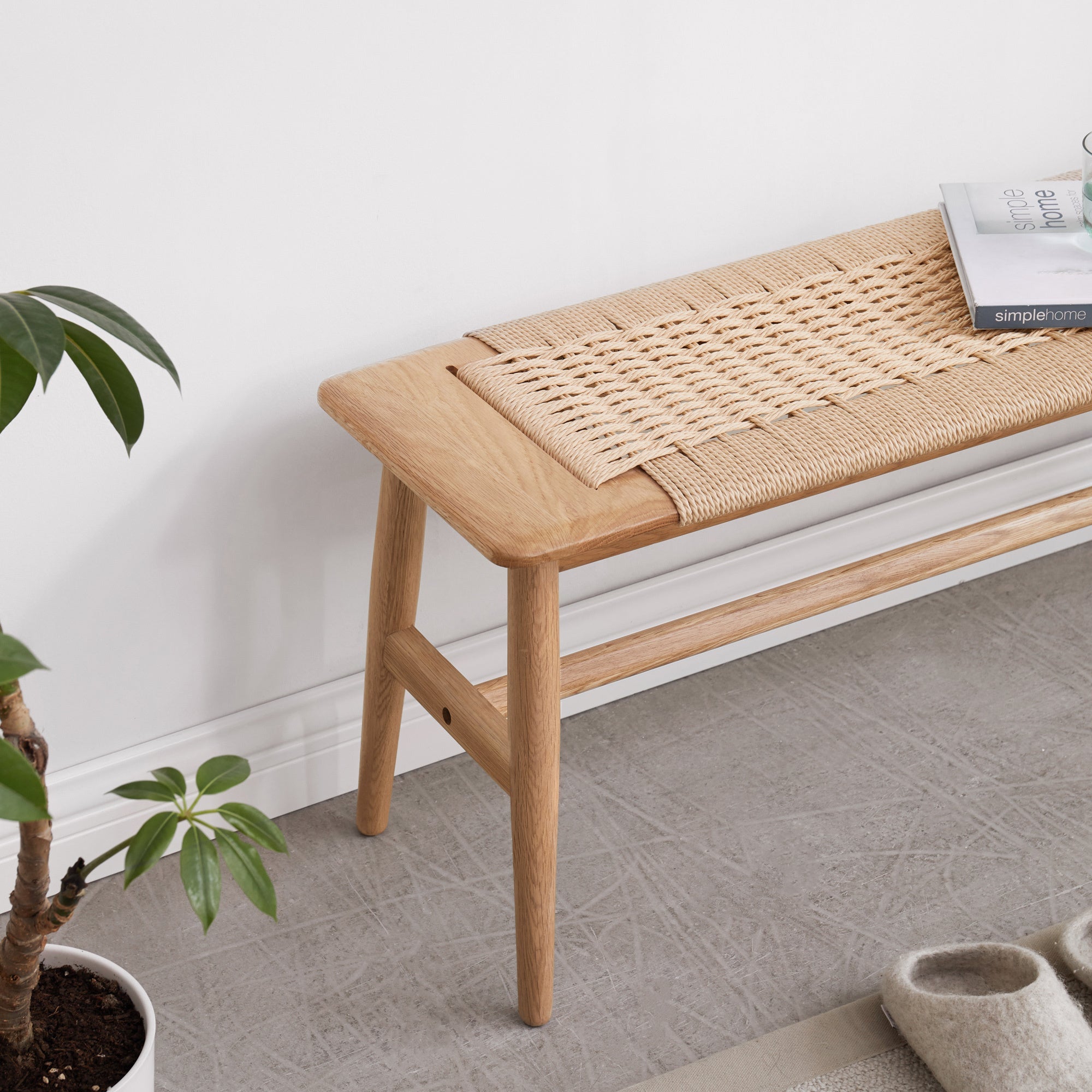 Dining Bench Rectangular Natural Oak Wood Handwoven Cane Seat Dining Room