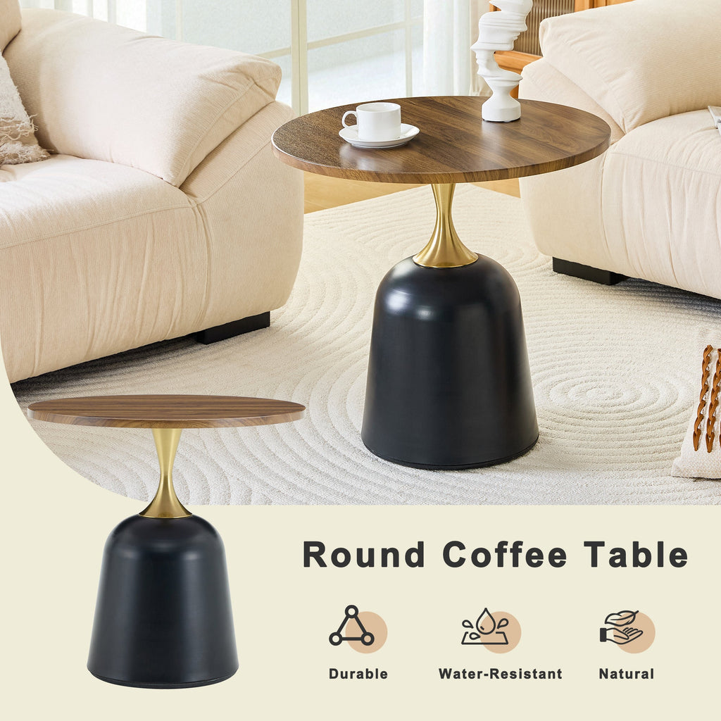 23.6 in Round Side Table, Metal Base, Walnut Wood Grain, Living Room Office