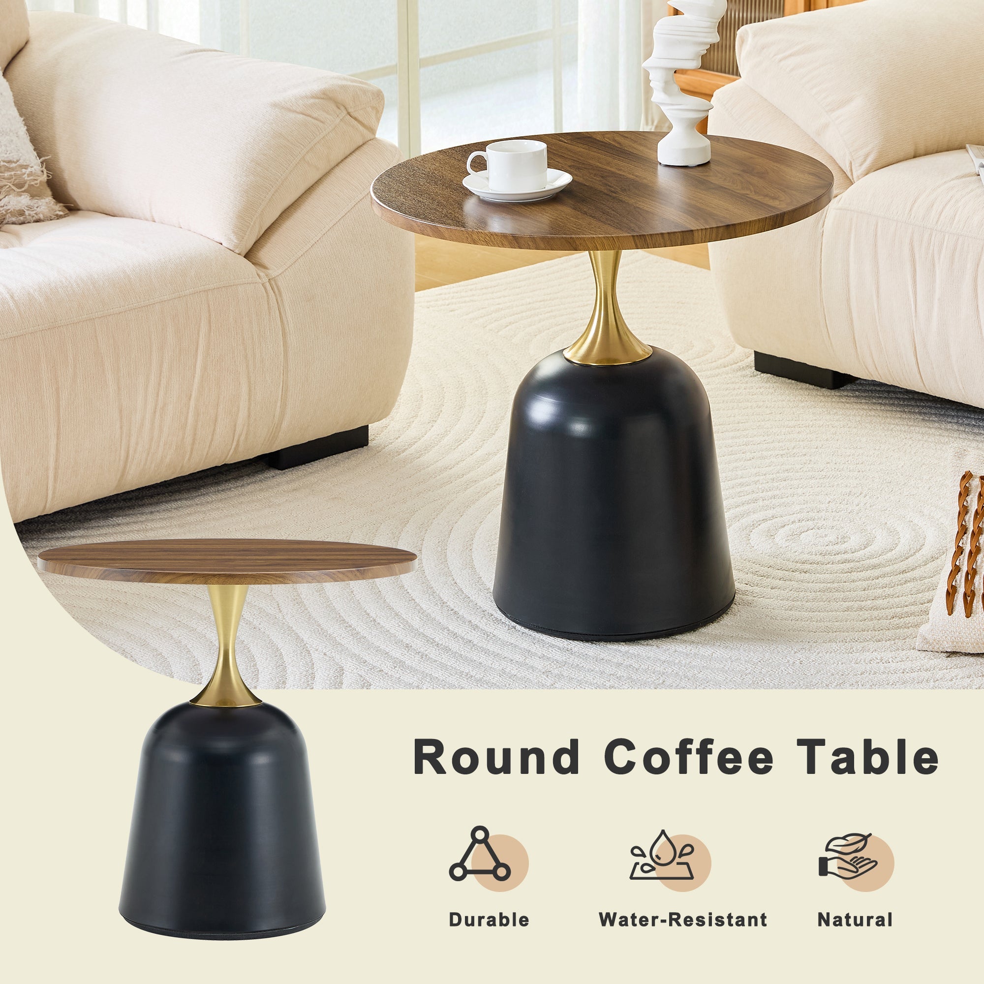 23.6 in Round Side Table, Metal Base, Walnut Wood Grain, Living Room Office