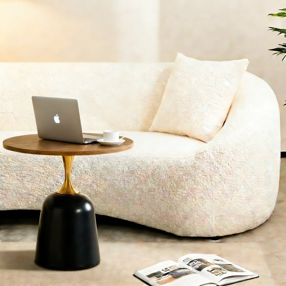 23.6 in Round Side Table, Metal Base, Walnut Wood Grain, Living Room Office