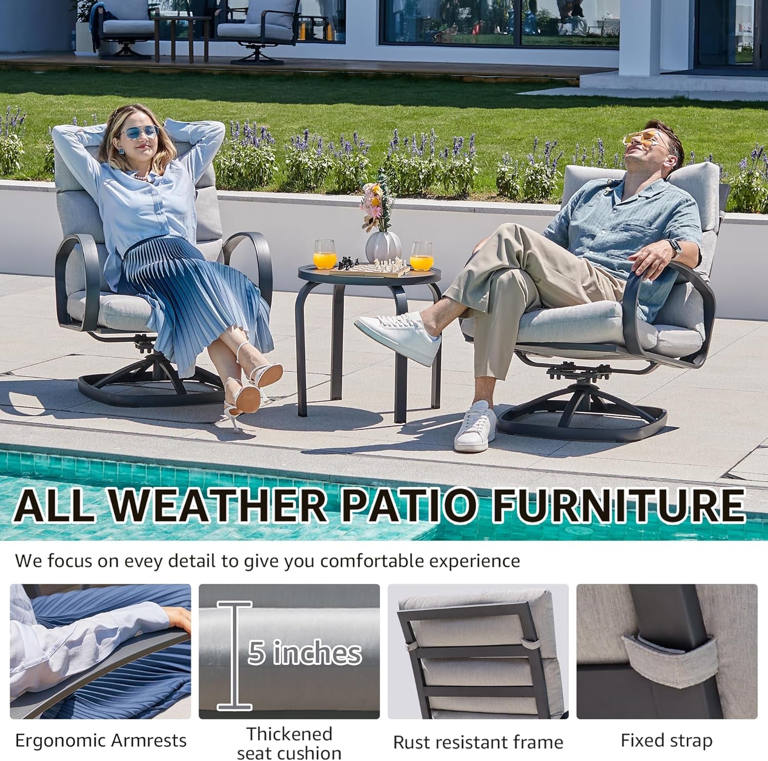 3 Piece Patio Bistro Set With Swivel Glider Chairs Table