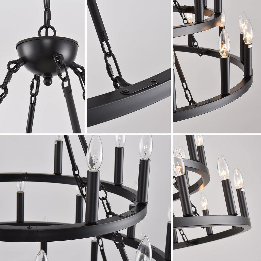 Chandelier Wagon Wheel 3-Tier 36-Light Black Metal 39.37 In Industrial