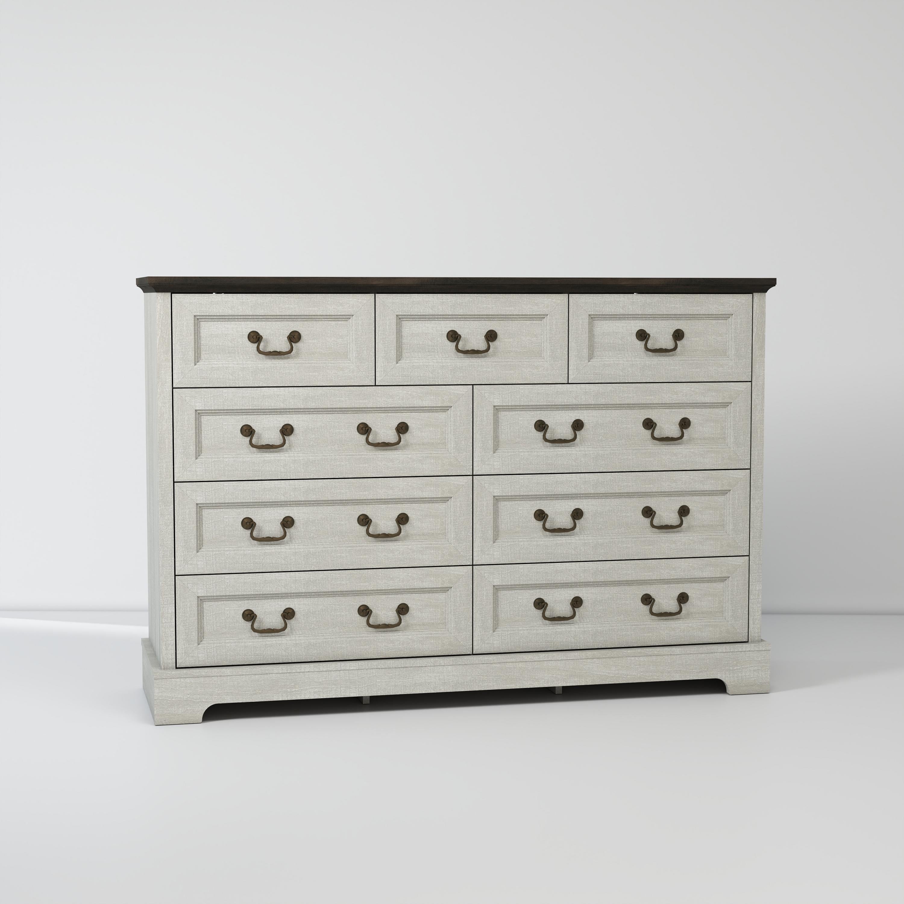 Dresser Farmhouse 9-Drawer Antique Gray MDF Brass Handles 55.1x37.2 In