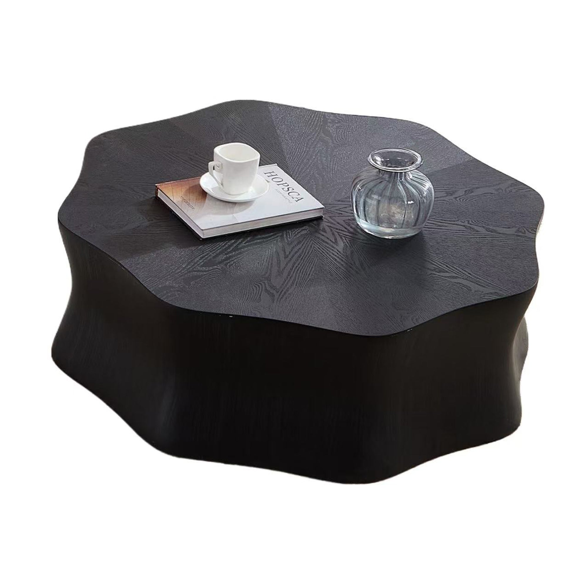 Black Petal Coffee Table, Fiberglass with Birch Wood Grain Veneer, Living Room