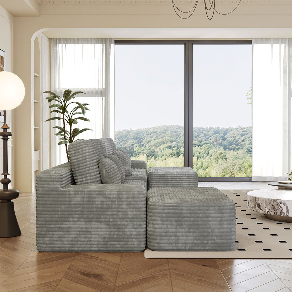 Sectional Sofa U-Shape Corduroy Light Gray 6 Seat USB Bluetooth 150 In