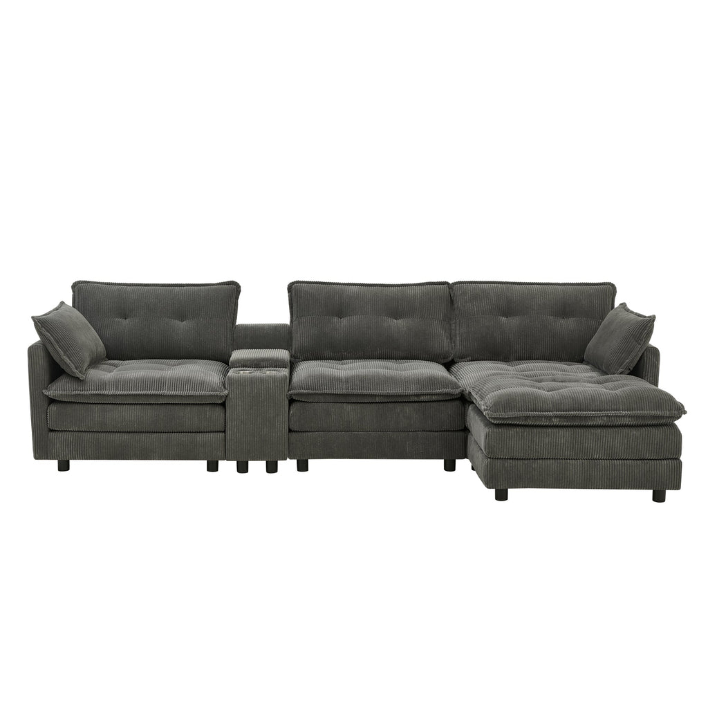 Sectional Sofa L-Shaped Corduroy with Ottoman and USB Ports, 4-seater, Grey