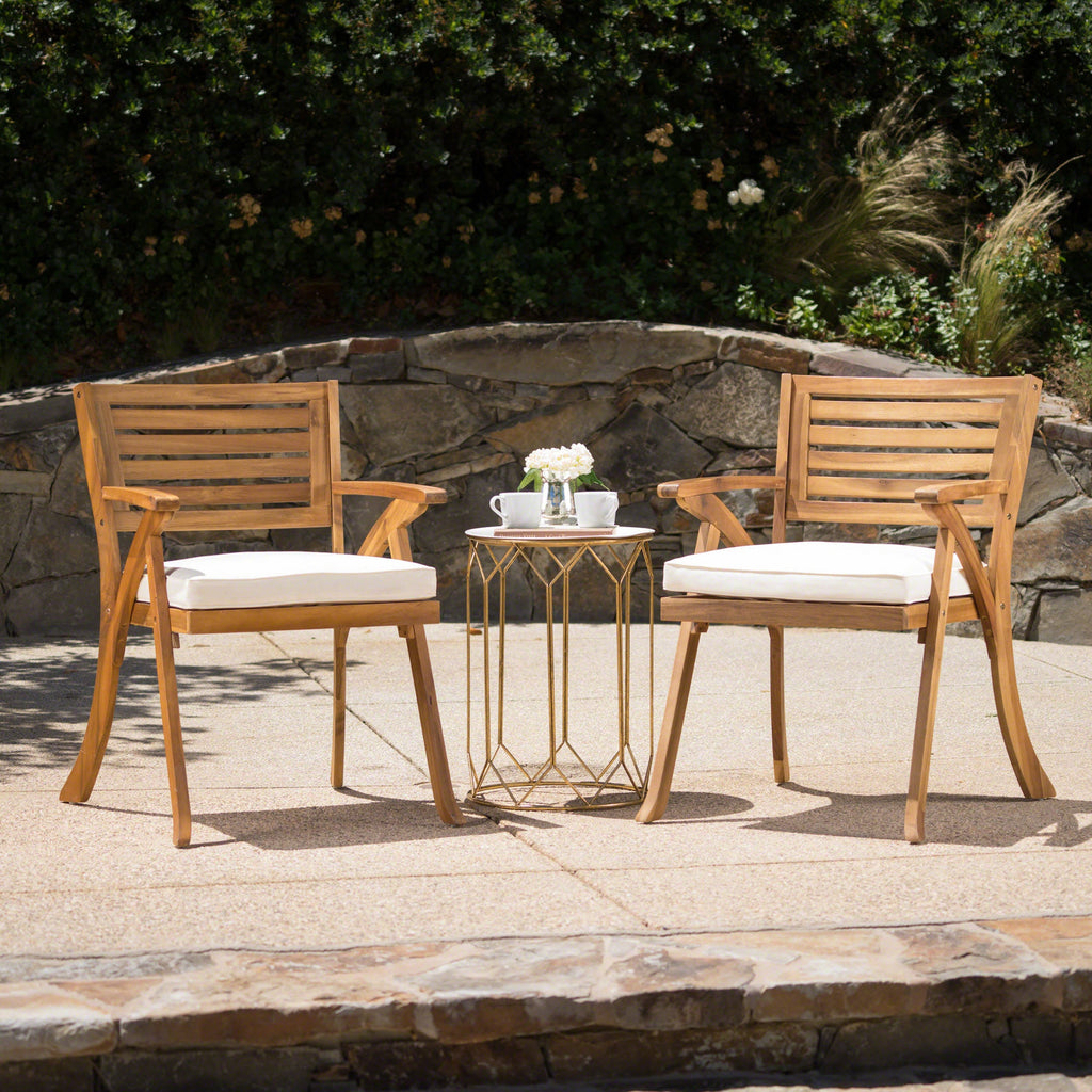 Outdoor Dining Chair Acacia Wood Teak Cream Cushion Set of 2 400 LB 27.5 In
