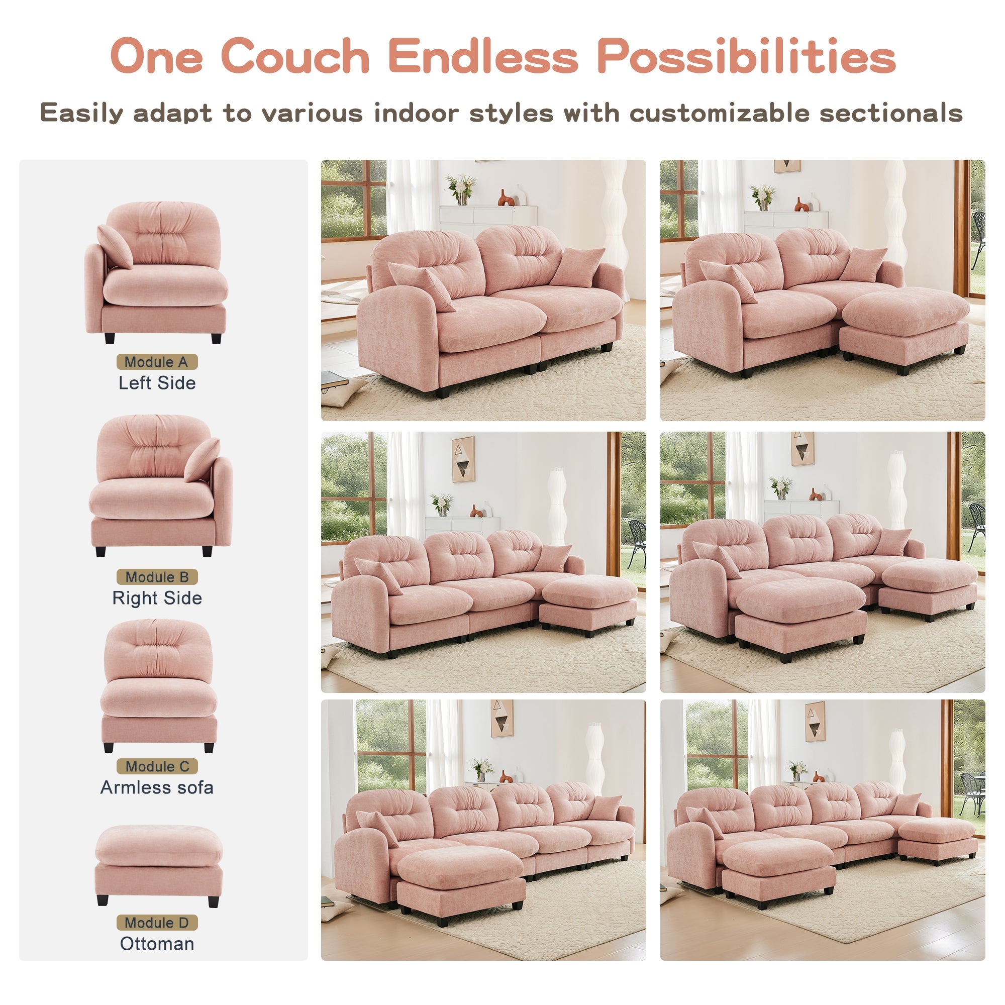 Sectional Sofa Modular Chenille Pink 3-Seat Tufted Pleated Cloud Style
