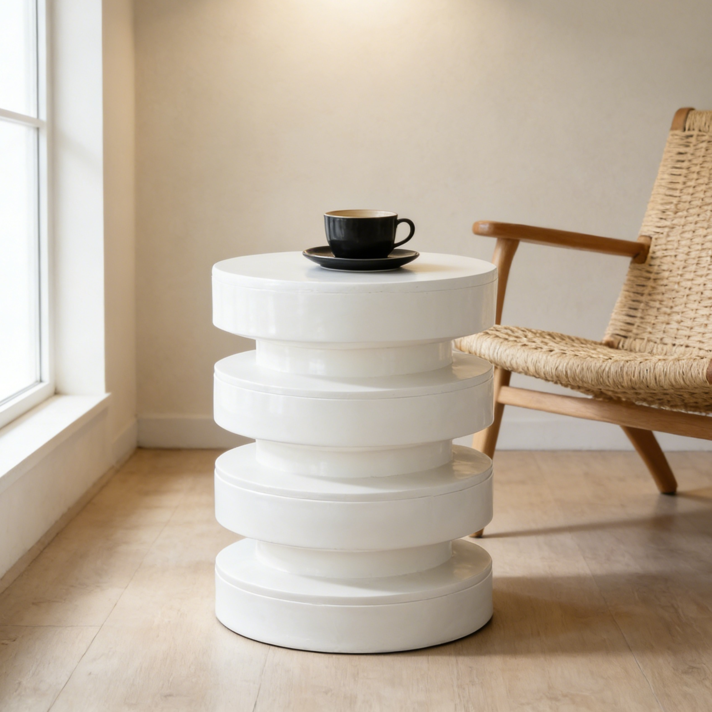 MGO Round Side Table, 3-Tier Design, Indoor Outdoor, 14.2x19.4 in, White