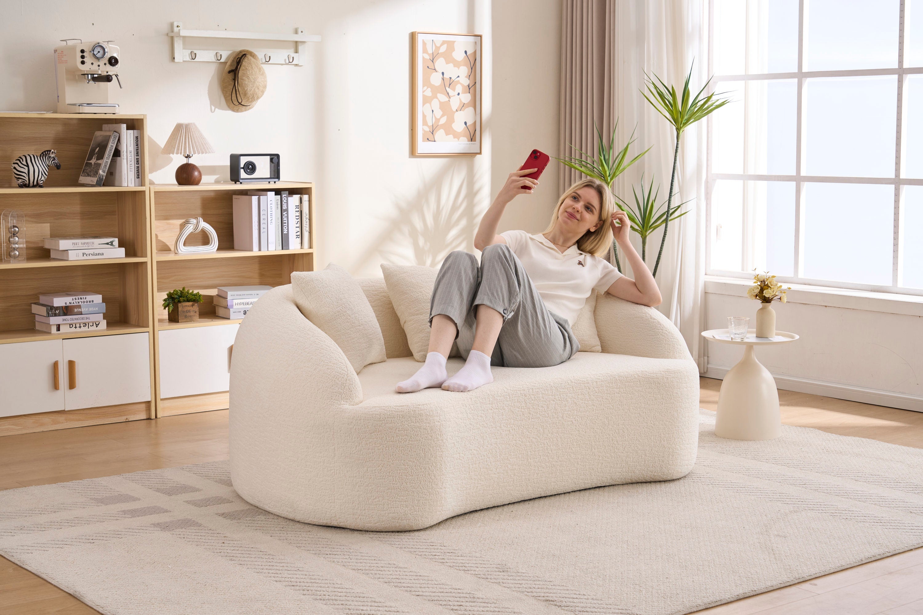 Sofa Curved Modern Off White Chenille 2-seater Space-Saving Compact