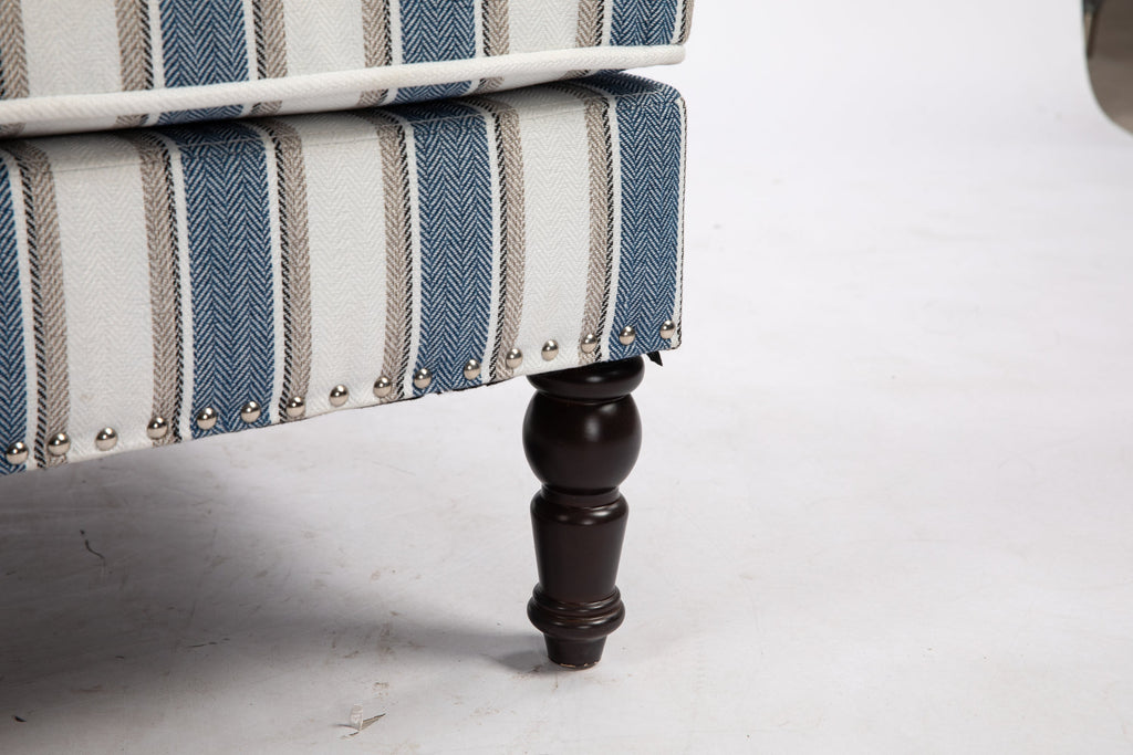 Accent Chair Vintage Striped Linen Blue White Nailhead Solid Wood Legs