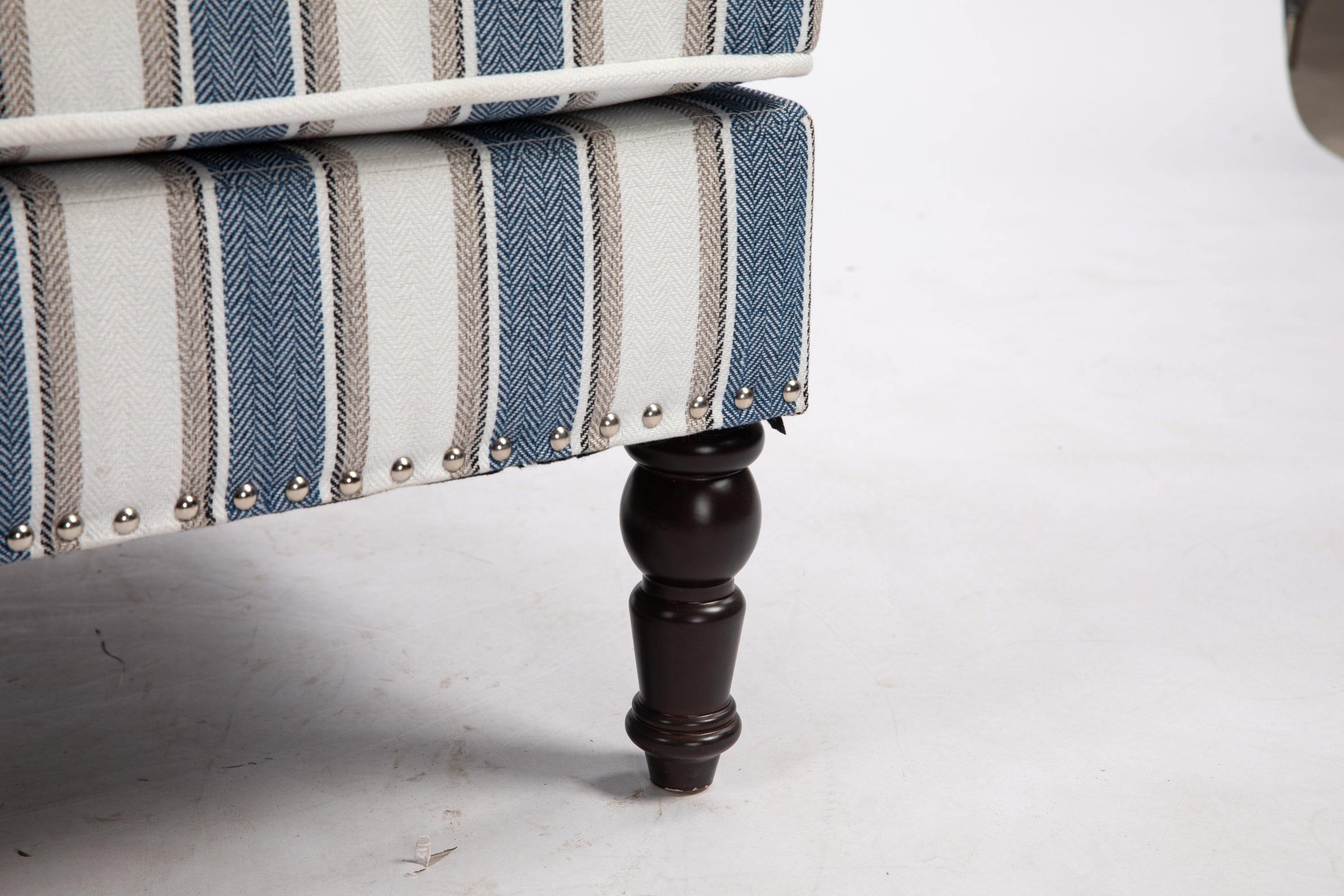 Accent Chair Vintage Striped Linen Blue White Nailhead Solid Wood Legs