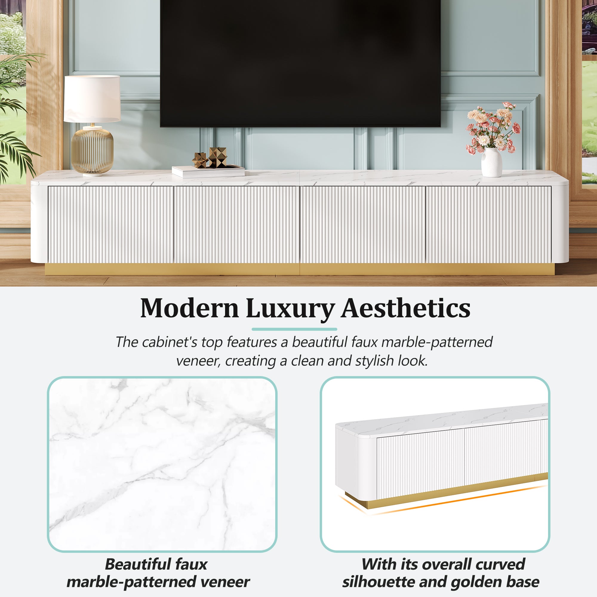 TV Stand Luxury Fluted White MDF Faux Marble Top 4-Drawer Fits 85 In TV