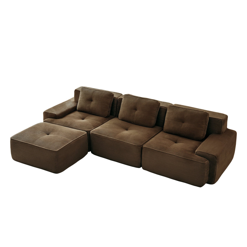 Sectional Sofa L-Shape Corduroy Brown 3 Seat Modular with Ottoman