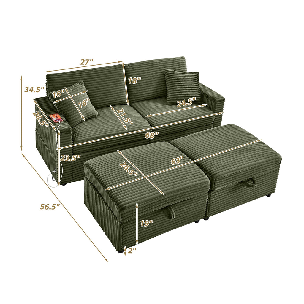 Sectional Sofa L-Shape Corduroy Green Storage Chaise 2 Ottomans USB 69 In