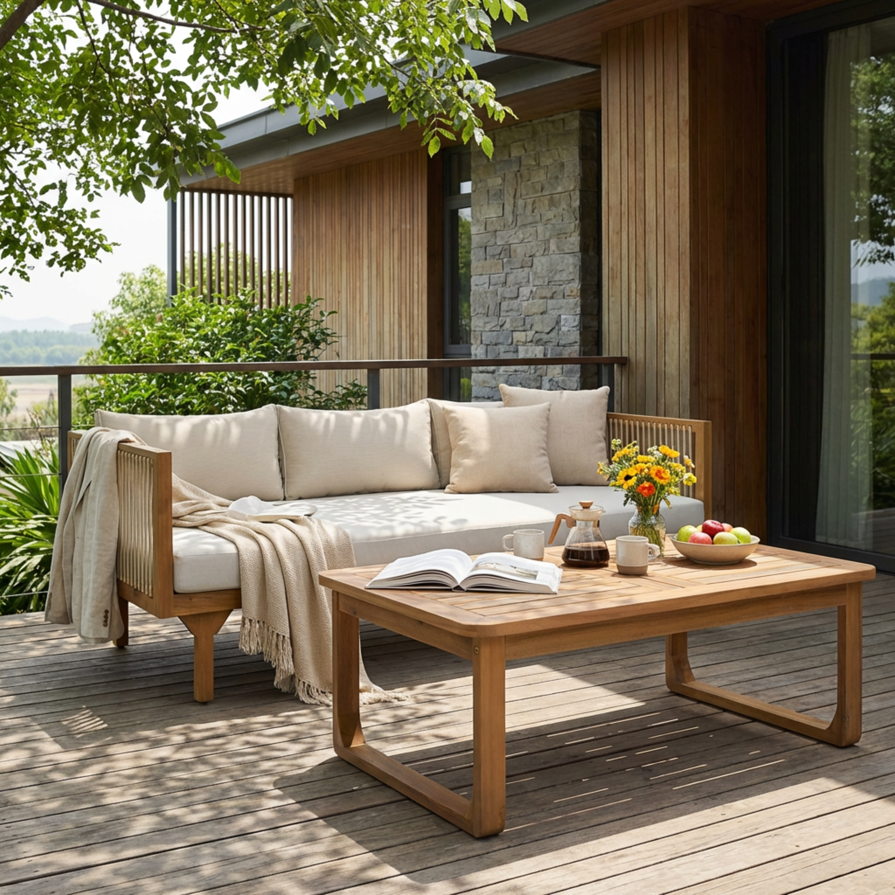 Outdoor Patio Set Modern Minimalist 3 Seater Daybed and Teak Finish Coffee Table