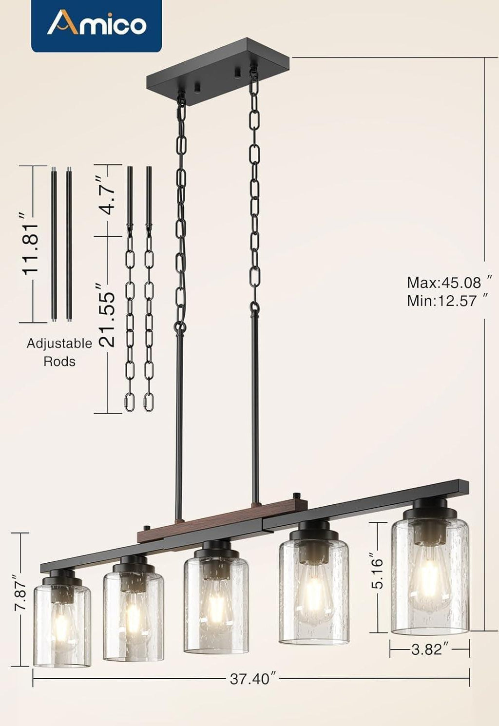 Five Lights Farmhouse Dining Room Chandelier Black Metal