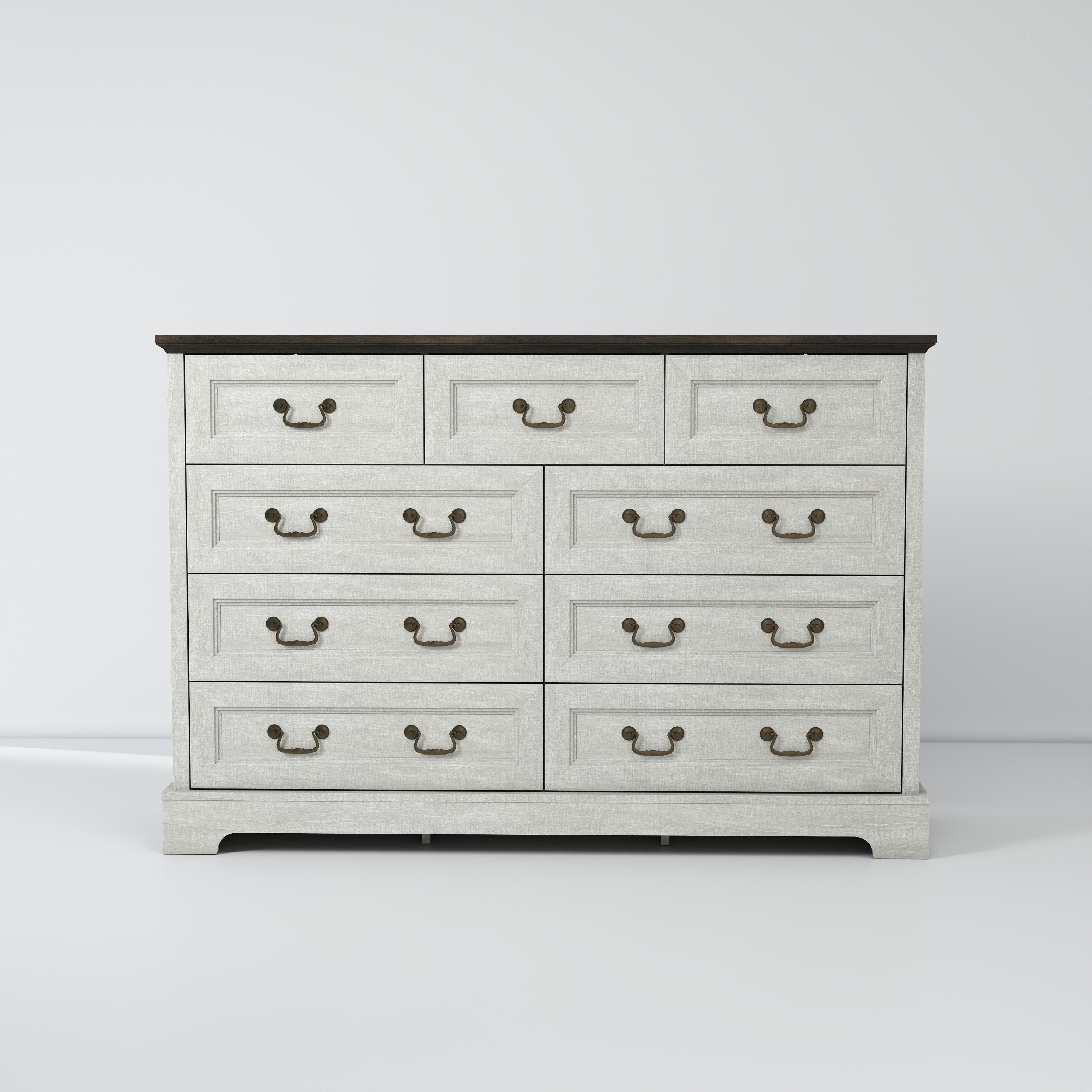 Dresser Farmhouse 9-Drawer Antique Gray MDF Brass Handles 55.1x37.2 In