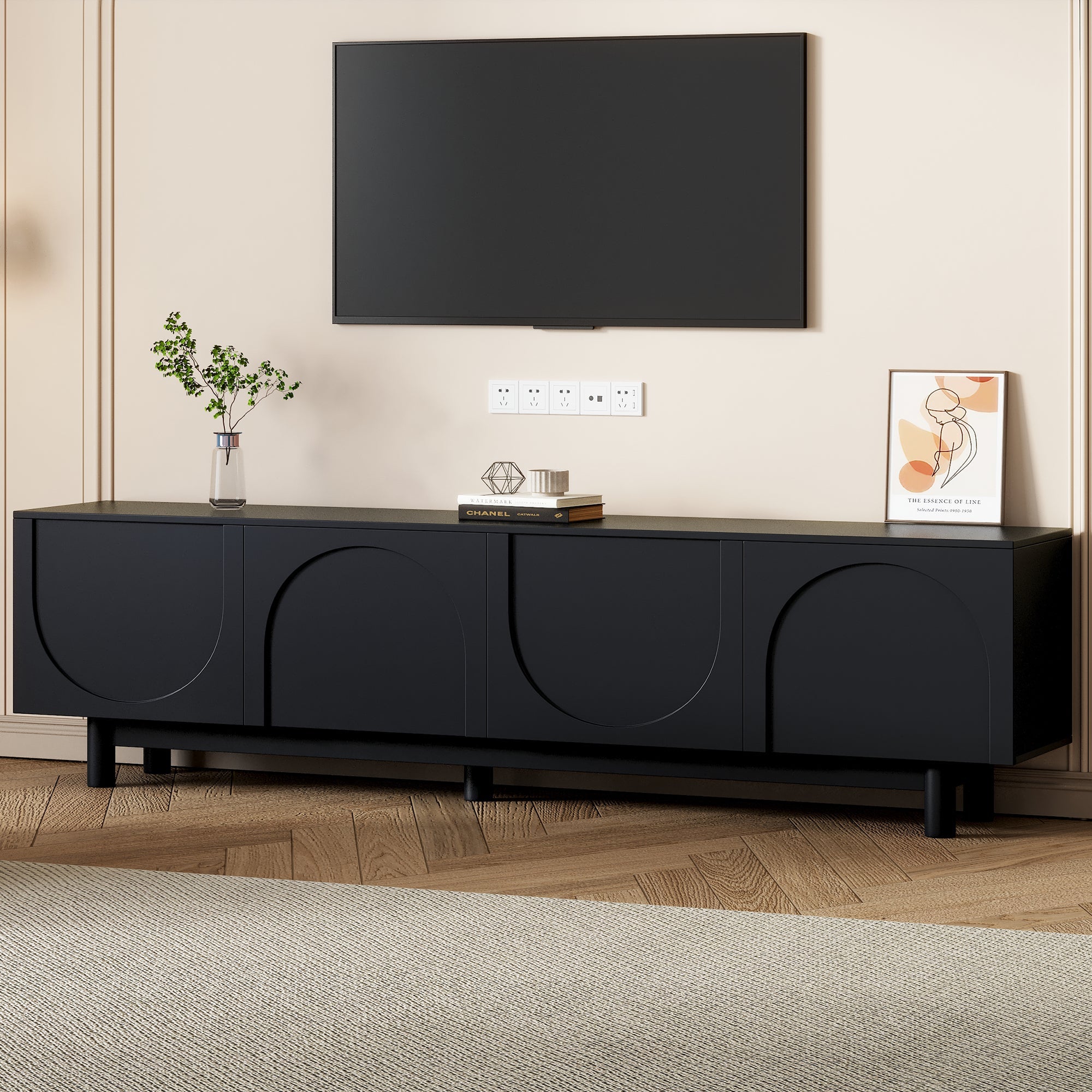 TV Stand Minimalist Black Particle Board Arch Doors Wood Legs Fits 78 In TV