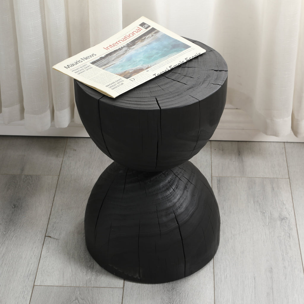 Solid Mango Wood Round Side Table, 12.2x18.11 in, Black, Burnt Vintage Look