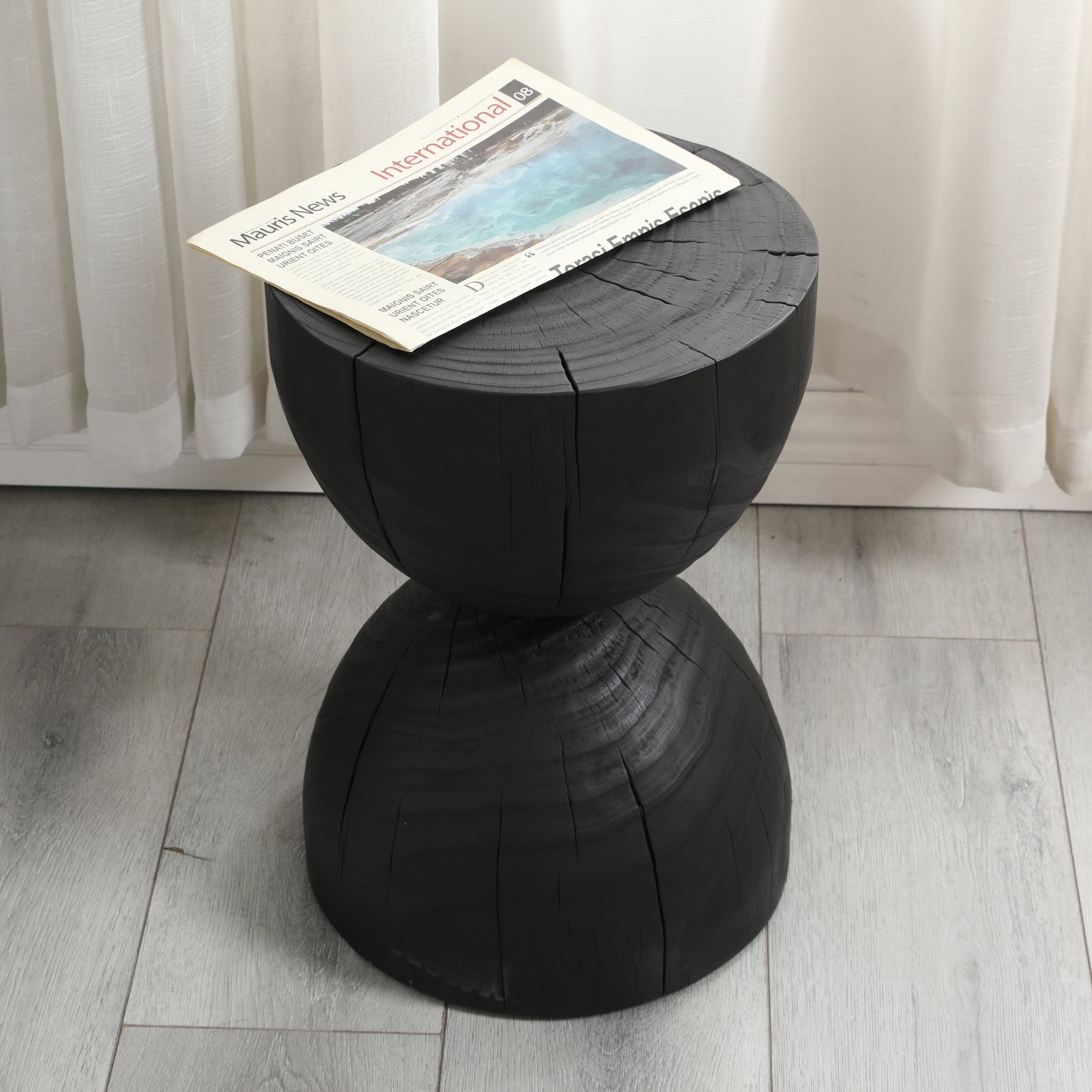 Solid Mango Wood Round Side Table, 12.2x18.11 in, Black, Burnt Vintage Look
