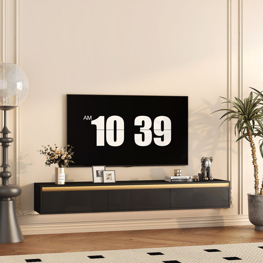 TV Stand Wall-Mounted Floating LED Black MDF 3 AC 2 USB Fits 65 In TV
