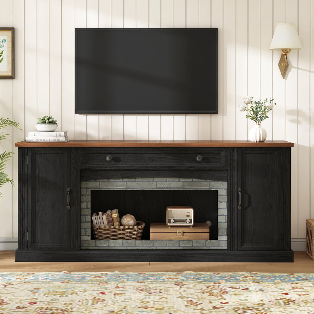TV Stand Modern Walnut Top Gray Brick MDF Sliding Door Fits 70 In TV 66.9 In