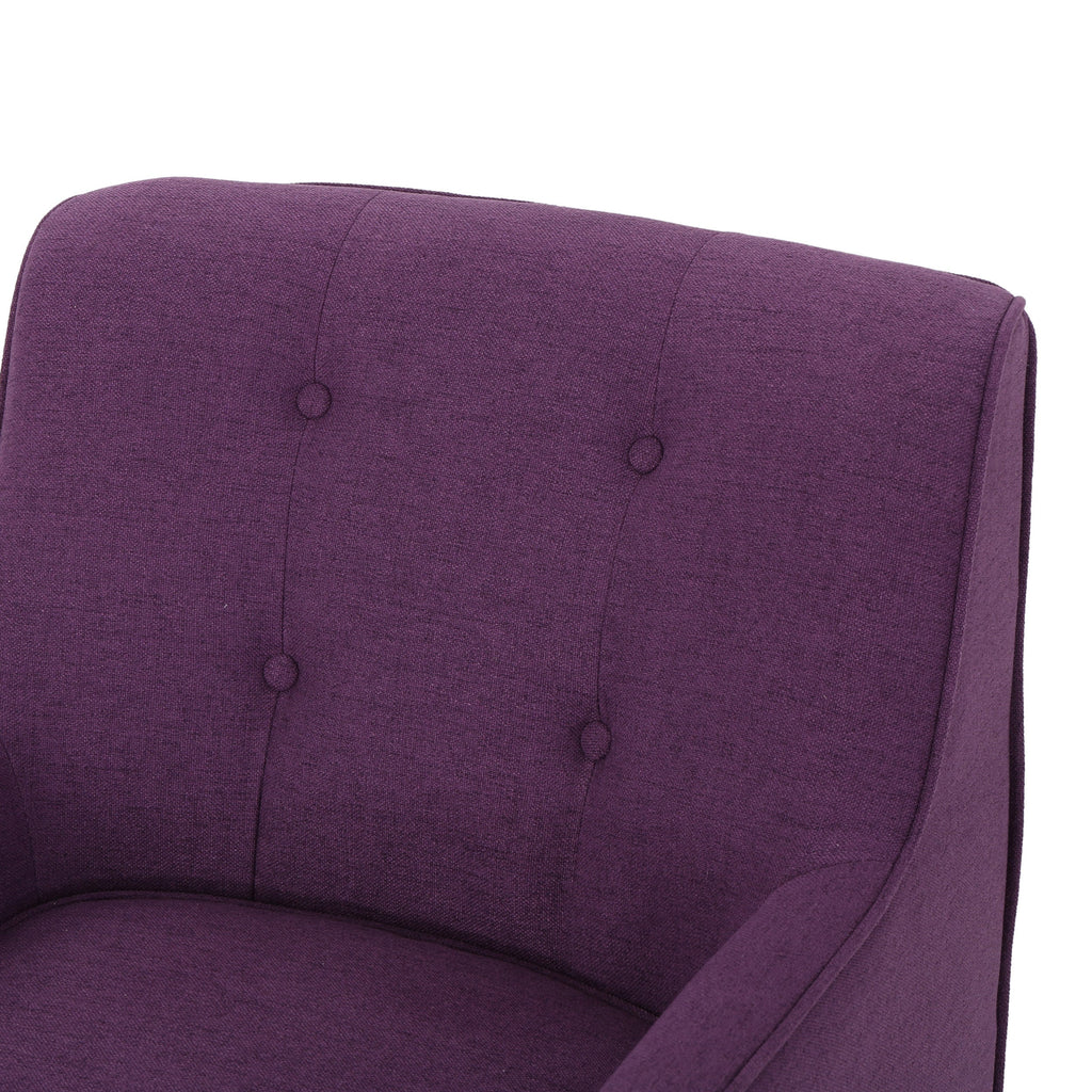 Mid-Century Modern Arm Chair with Tufted Back, Purple Fabric, Birch Wood Legs