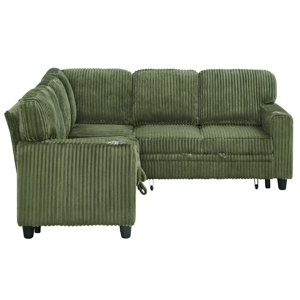 Sofa Bed L-Shape Corduroy Olive Green 5 Seat Pull-Out USB Ports 81 In
