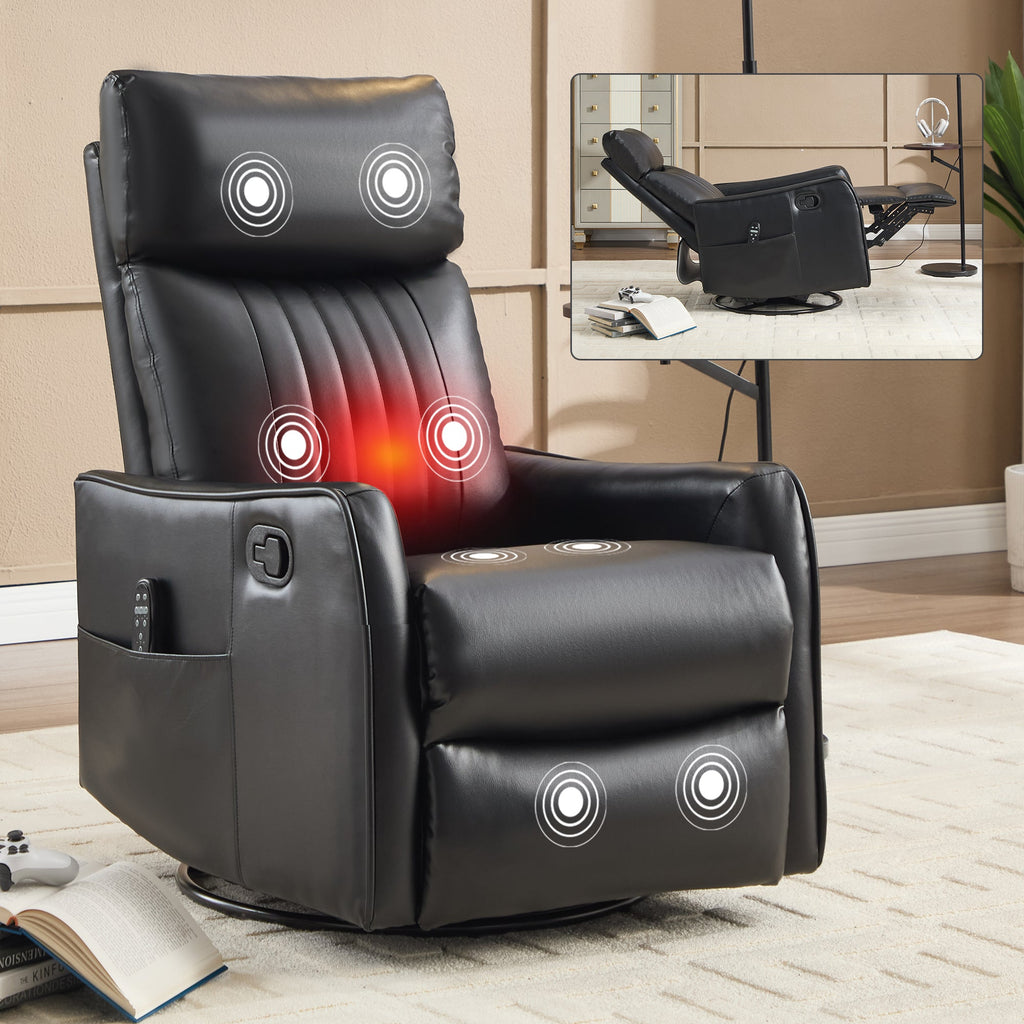 Black Faux Leather Massage Recliner Chair w/ Heat Rocker Swivel