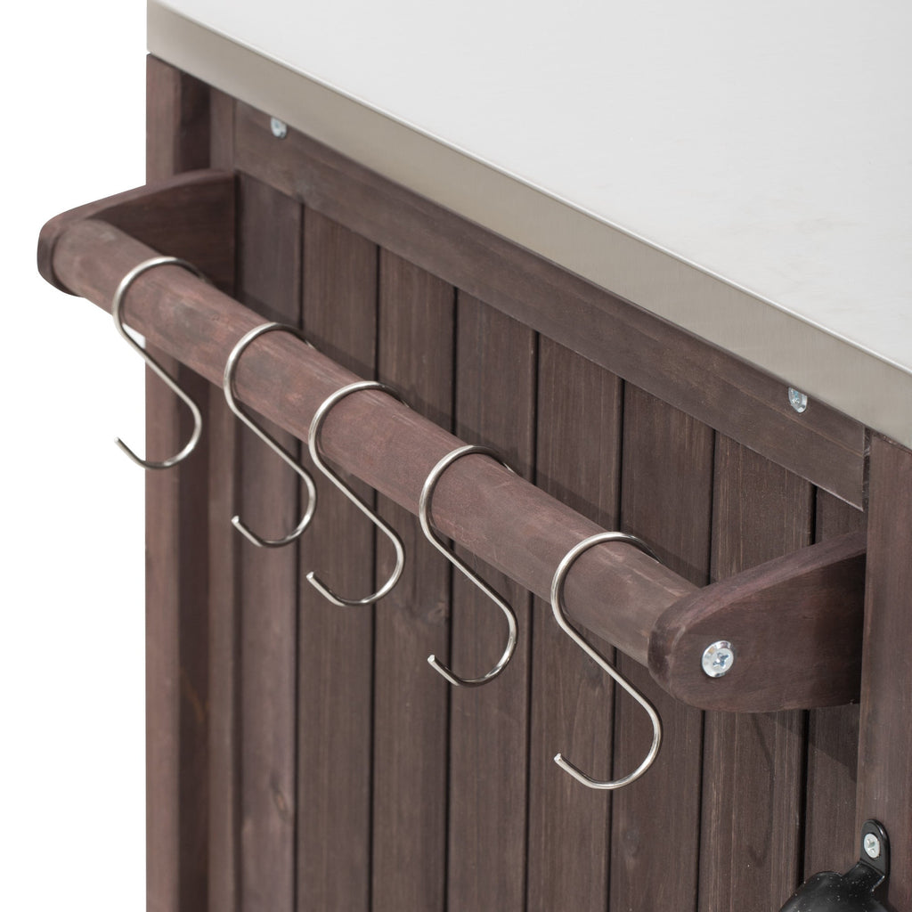 Outdoor Kitchen Island Grill Cart Fir Wood Stainless Steel Top 66.5x23x34 In